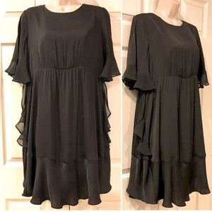 NWT~Who What Wear~Keyhole Sleeve~Flutter Chiffon Ruffled-Tiered Black Dress~Sz S